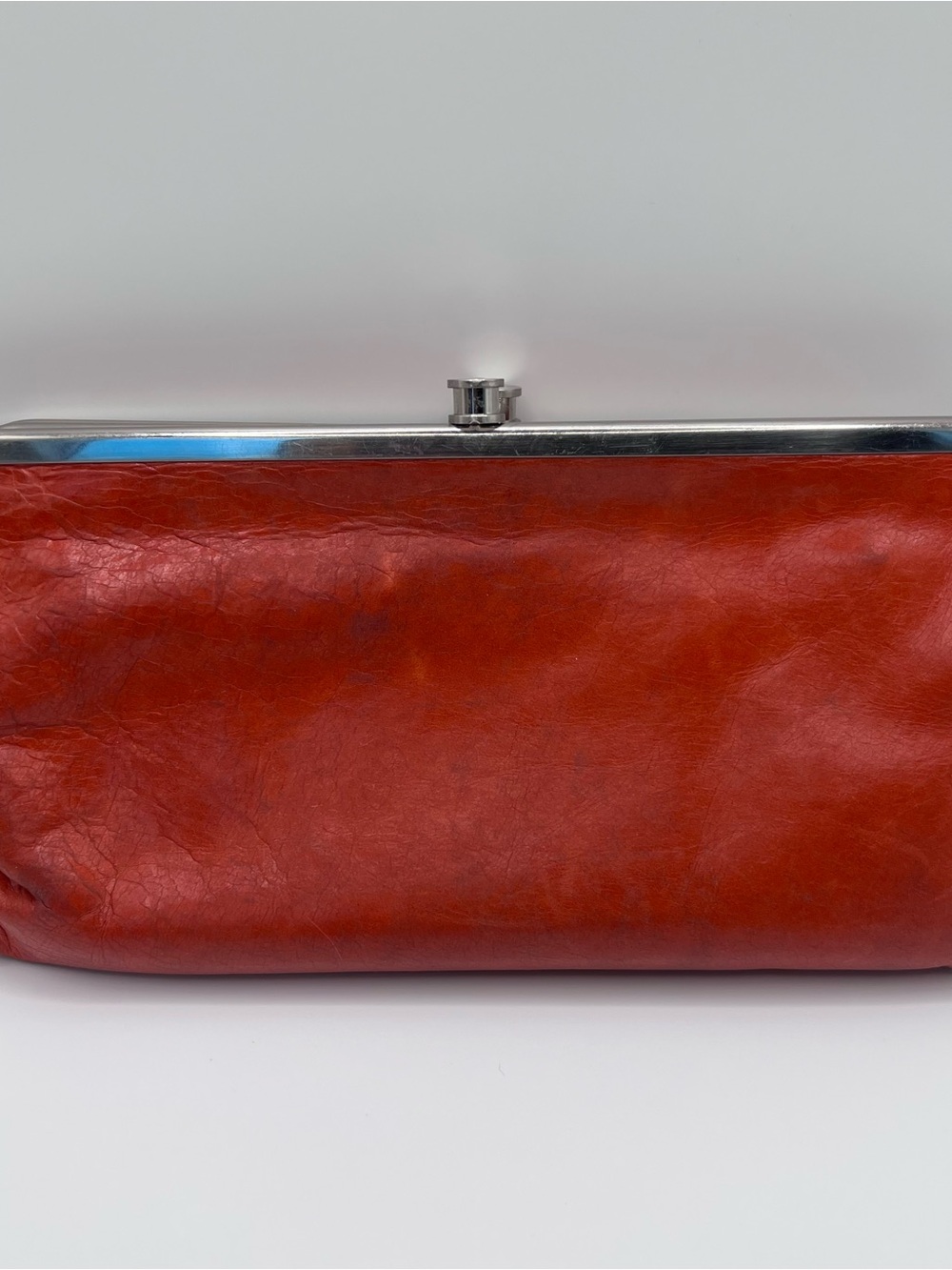 HOBO Coral/Red Lauren Leather Frame Clutch Wallet Double Kiss Lock well loved